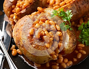 Jacket Baked potato with tomato beans. Traditional British food