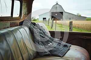 jacket on the seat of an old farm truck, barn in the background