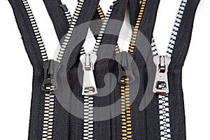 Jacket Winter Coat Black Tape Heavy Duty Zippers Large Molded Plastic Zippers. Close-up of zipper slider on a white surface.