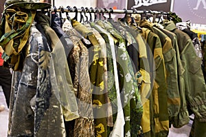 Jackets for hunting and fishing on hanger in store