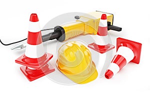 Jackhammer construction helmet traffic cones