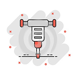 Jackhammer icon in comic style. Demolish package vector illustration on white isolated background. Destroy splash effect business