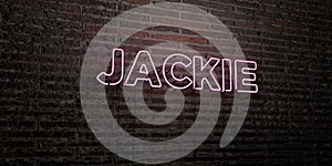 JACKIE -Realistic Neon Sign on Brick Wall background - 3D rendered royalty free stock image photo