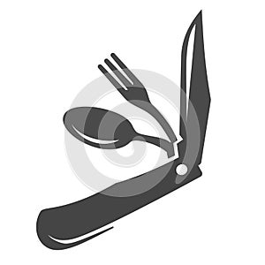 Jackknife kit bold black silhouette icon isolated on white. Survival set with knife, fork, spoon pictogram.