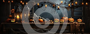 Jacko lanterns with candles on table banner for Halloween