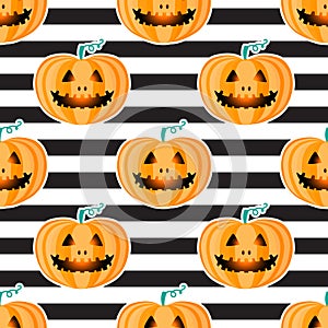 Jackolantern seamless pattern on black and white striped background. Vector Halloween orange pumpkin with face