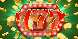 Jackpot 777 sign with gold realistic 3d coins background