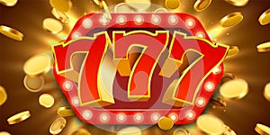 Jackpot 777 sign with gold realistic 3d coins background