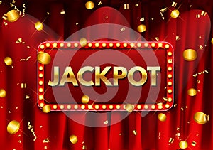 Jackpot background with falling gold confetti. Casino or lottery advertising template. Vector illustration