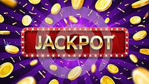 Jackpot banner with falling gold coins and confetti. Casino or lottery advertising. Prize in gambling game