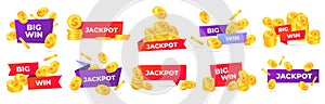 Jackpot and big win labels. Winner congratulations banner, money prize and casino prizes label vector set
