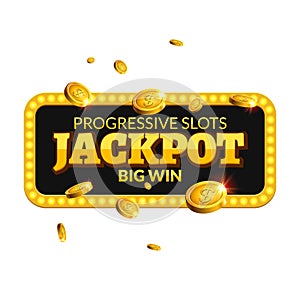 Jackpot casino label background sign. Casino jackpot coins money winner text shining symbol isolated on white