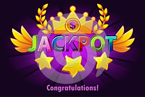 Jackpot casino label with shooting stars on violet background. Casino jackpot winner awards with colored text and wings