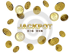 Jackpot casino winner. Big win banner with falling golden coins on white background. Vector