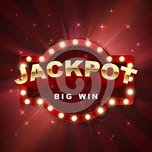 Jackpot casino winner. Big win banner retro signboard on red background with light. Vector