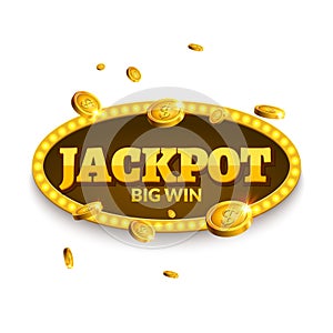 Jackpot gambling retro banner decoration. Business jackpot decoration. Winner sign lucky symbol template with coins money