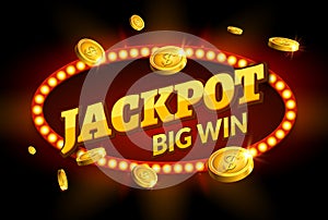 Jackpot gambling retro banner sign decoration. Big win billboard for casino. Winner sign lucky symbol template with coins money