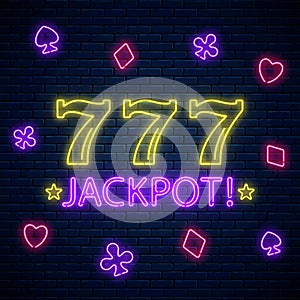 Jackpot - glowing neon motivation sign with three seven on slot machine. Slot machine 777 win combination in neon style