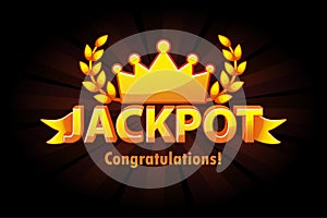 Jackpot gold casino lotto label with crown on black background. Casino jackpot winner awards with golden text and ribbon