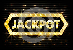 Jackpot gold casino lotto label with glowing lamps on black background. Casino jackpot winner design gamble with shining