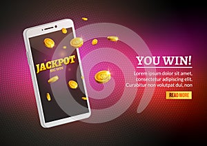 Jackpot money smart phone coins big win. Big income earn mobile technology banner poster