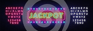 Jackpot neon sign vector. Casino Design template neon sign, light banner, neon signboard, nightly bright advertising