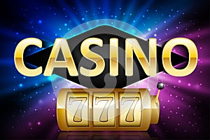 Jackpot shiny gold lucky casino lotto label with neon frame. Casino 777 jackpot winner design gamble with shining text