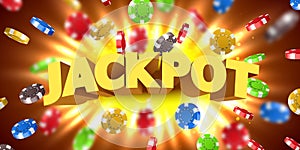 Jackpot sign with with flying casino chips wins the jackpot. Big win concept