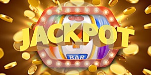 Jackpot sign with gold realistic 3d coins background.