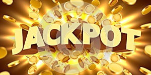 Jackpot sign with gold realistic 3d coins background. photo