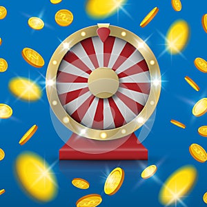 Jackpot spinning fortune wheel with Gold coins explosion from the center, vector