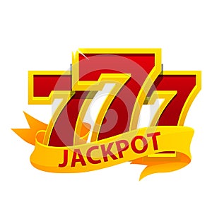 Jackpot symbol. 777 and ribbon, isolated on white background