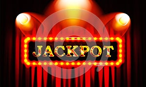 Jackpot word on banner with red curtains