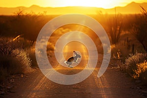 jackrabbit bounding across a narrow dirt road at sunset photo