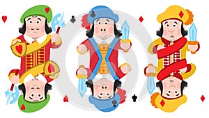 Jacks of three suits: hearts, clubs and diamonds. Playing cards with cartoon cute characters