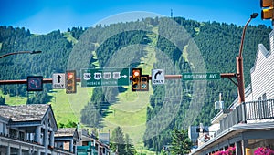 Jackson Hole, Wyoming. City streets and mountains on a summer day