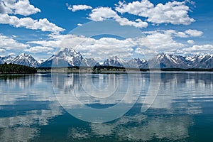 Jackson Lake reflection of the Teton Mountain range at the turnoff just north of the Chapel of the Sacred Heart photo