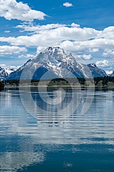 Jackson Lake reflection of the Teton Mountain range at the turnoff just north of the Chapel of the Sacred Heart photo