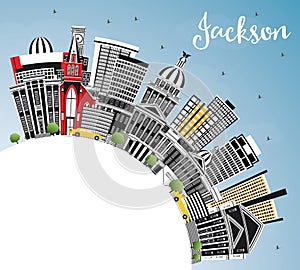 Jackson Mississippi City Skyline with Gray Buildings, Blue Sky and Copy Space