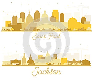 Jackson Mississippi and Saint Paul Minnesota City Skyline Silhouettes Set with Golden Buildings Isolated on White