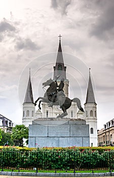 Jackson Square, New Orleans. A monument to President Jackson and saint louis cathedral