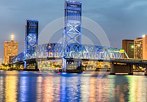 Jacksonville, Florida. City lights at night with bridge and rive