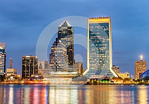 Jacksonville, Florida. City lights at night with river reflections