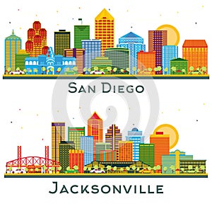 Jacksonville Florida and San Diego California city Skyline set with Color Buildings isolated on white. Cityscape with Landmarks