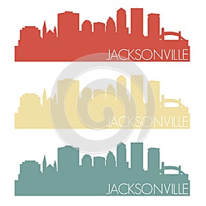 Jacksonville Florida USA Skyline Silhouette City Stamp Vector Color Vintage Set Logo Clipar Illustration.