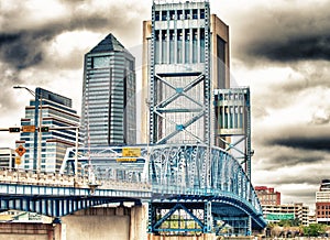 Jacksonville skyline with bridge and buildings on a overcast day