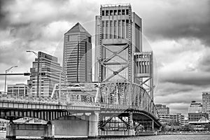 Jacksonville skyline with bridge and buildings on a overcast day