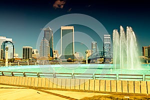 Jacksonville skyline with fountain and skyscrapers on a sunny day