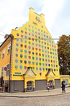 Jacob Barracks building showing coats of arms for Latvian parishes, Tornu Street, old town, Riga