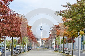 Jacob-Mierscheid-Steg and television tower in autumn in Berlin,